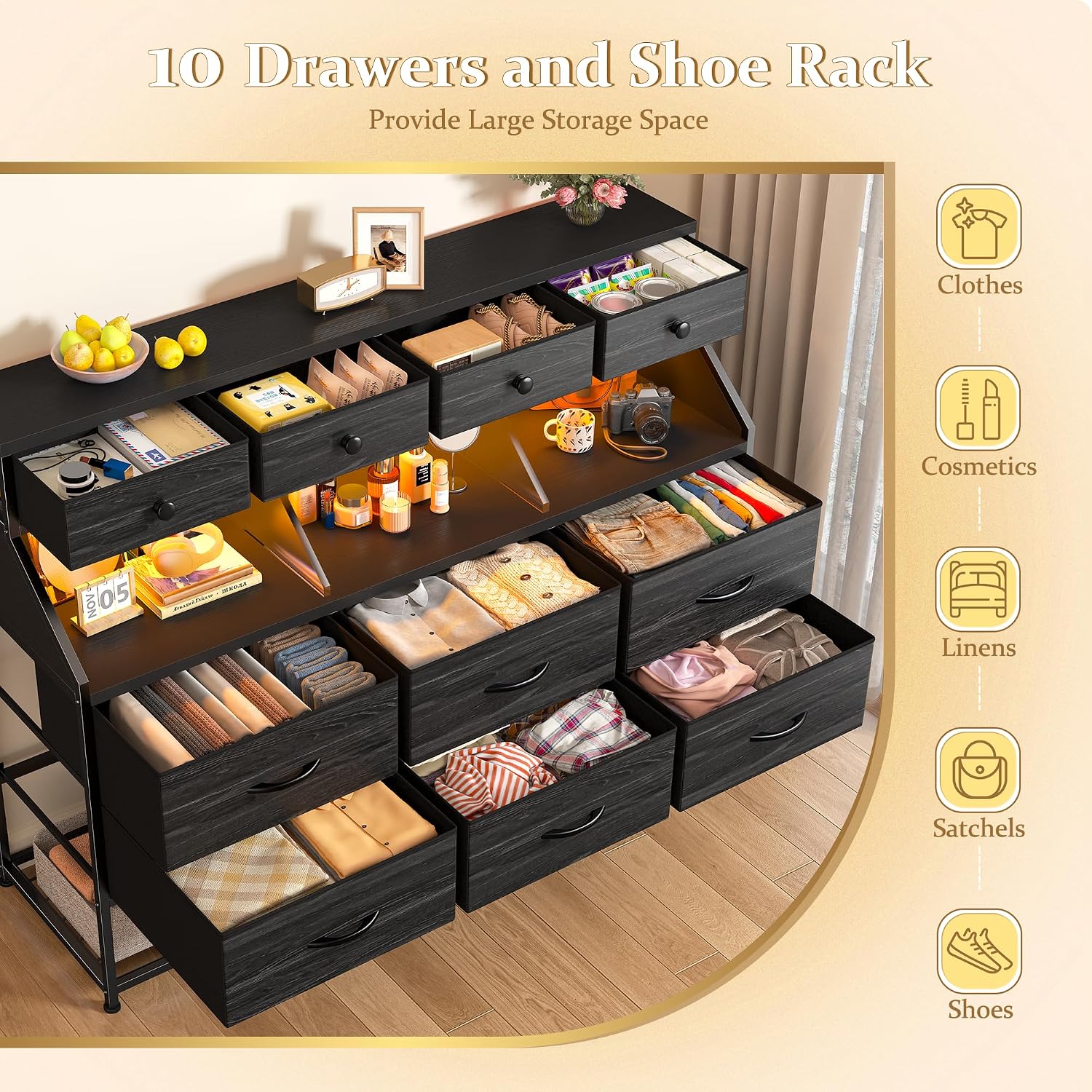 EnHomee Dresser for Bedroom with 10 Drawers & Shoe Rack Fabric Dressers & Chests of Drawers with LED Lights and Power Outlets Bedroom Dresser for Entryway, Hallway(Charcoal Black)