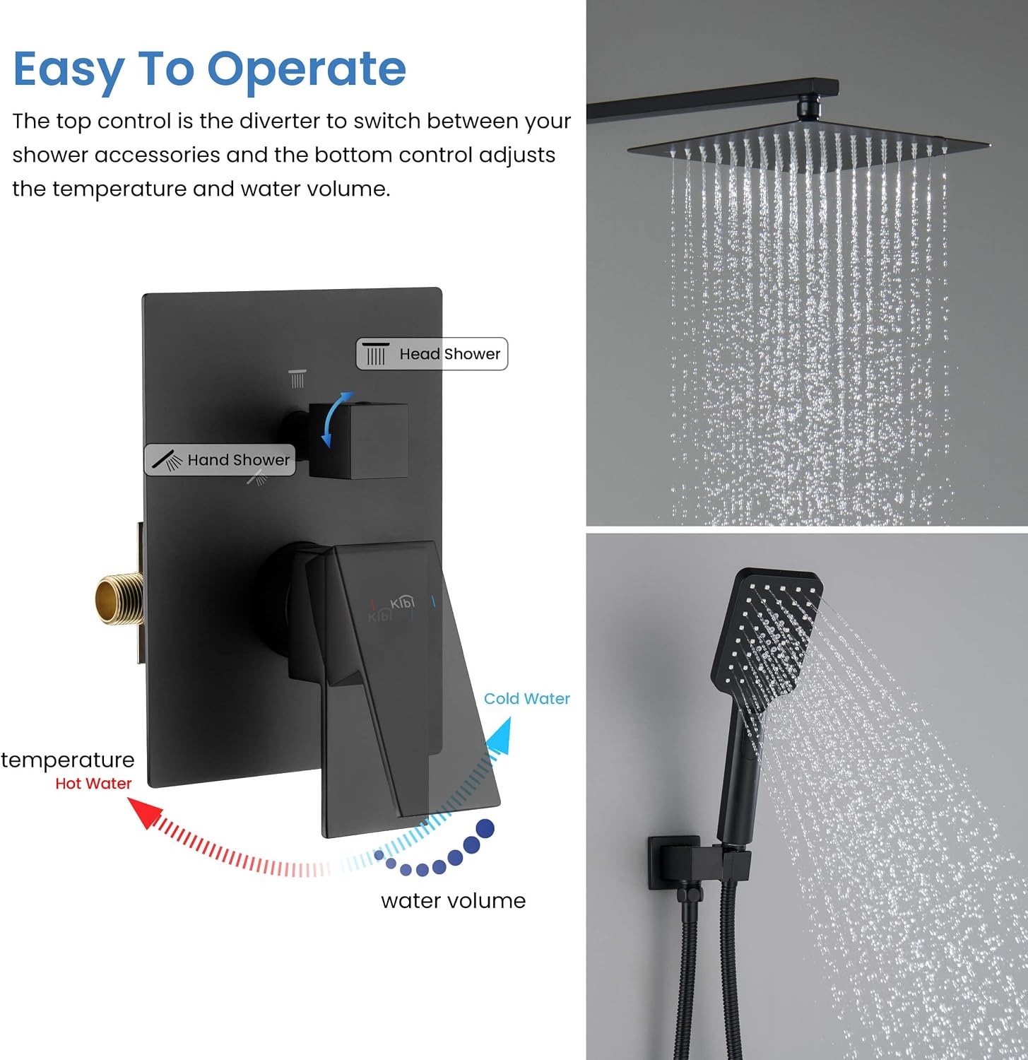 KIBI Cube Bathroom Shower System | 2-Function Wall Mounted Shower Faucet Set with Solid Brass Pressure Balanced Valve | Three Hand Shower Modes | 15-inch Long Shower Arm | Matte Black (KSF405)