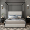 LUMISOL Queen Size Upholstered Canopy Bed, Metal 4 Poster Platform Bed with Tall Corduroy Headboard, Canopy Bed Frame with Wood Slats Support, No Box Spring Needed, Black + White