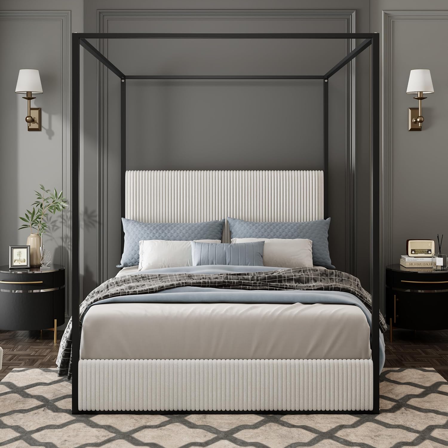 LUMISOL Queen Size Upholstered Canopy Bed, Metal 4 Poster Platform Bed with Tall Corduroy Headboard, Canopy Bed Frame with Wood Slats Support, No Box Spring Needed, Black + White