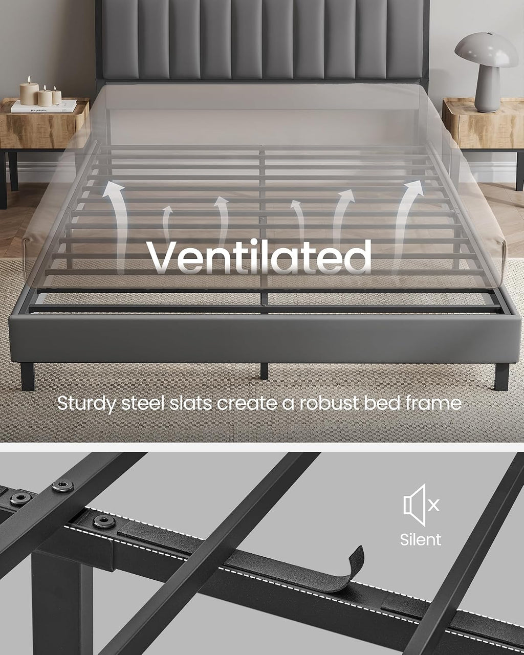 VASAGLE LED Bed Frame Queen Size, Storage Headboard and Charging Station, Queen Bed Frame with 2 AC Outlets, 1 USB Port, 1 Type-C Port, No Box Spring Needed, Dove Gray and Camel Brown URMB841G01