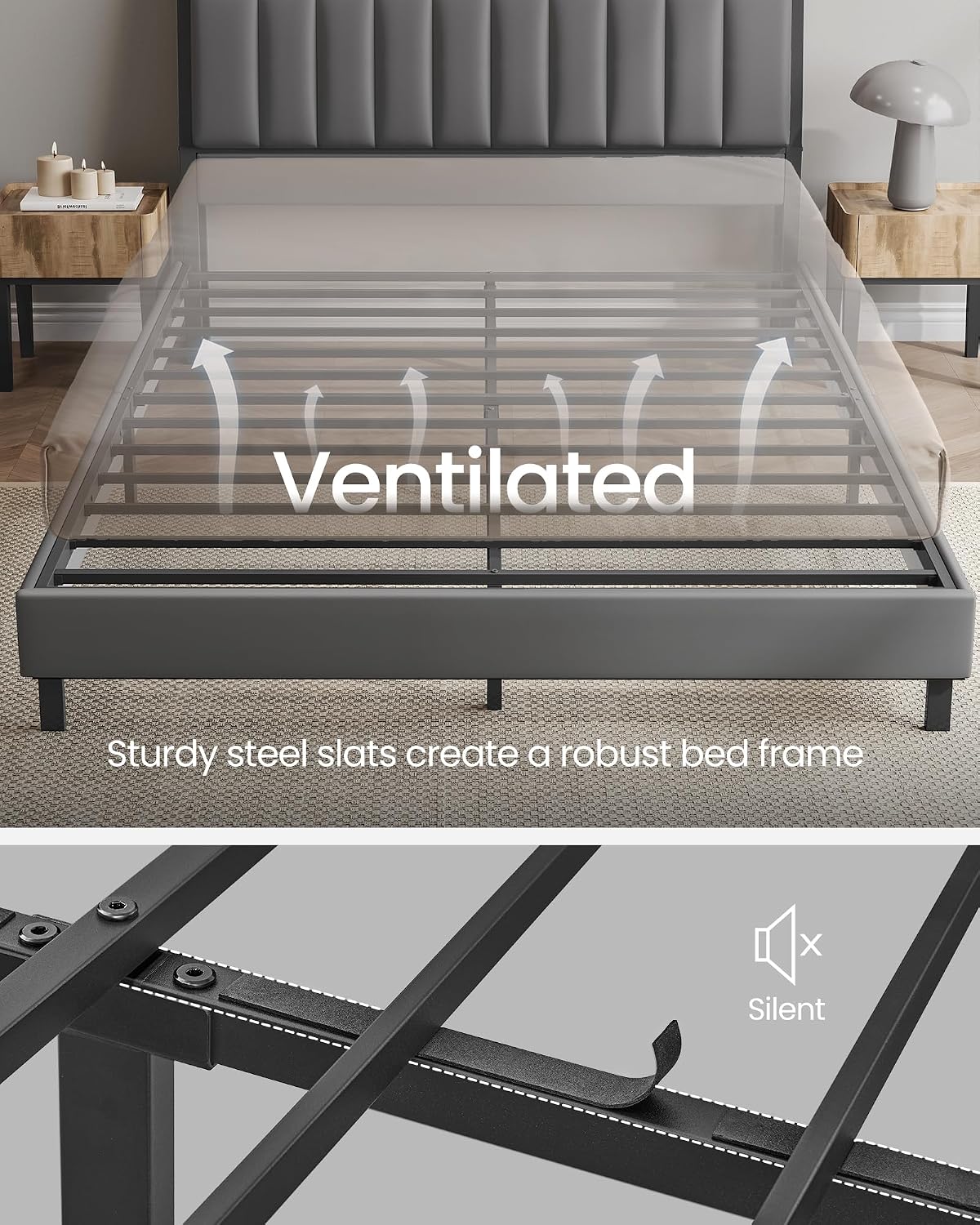 VASAGLE LED Bed Frame Queen Size, Storage Headboard and Charging Station, Queen Bed Frame with 2 AC Outlets, 1 USB Port, 1 Type-C Port, No Box Spring Needed, Dove Gray and Camel Brown URMB841G01