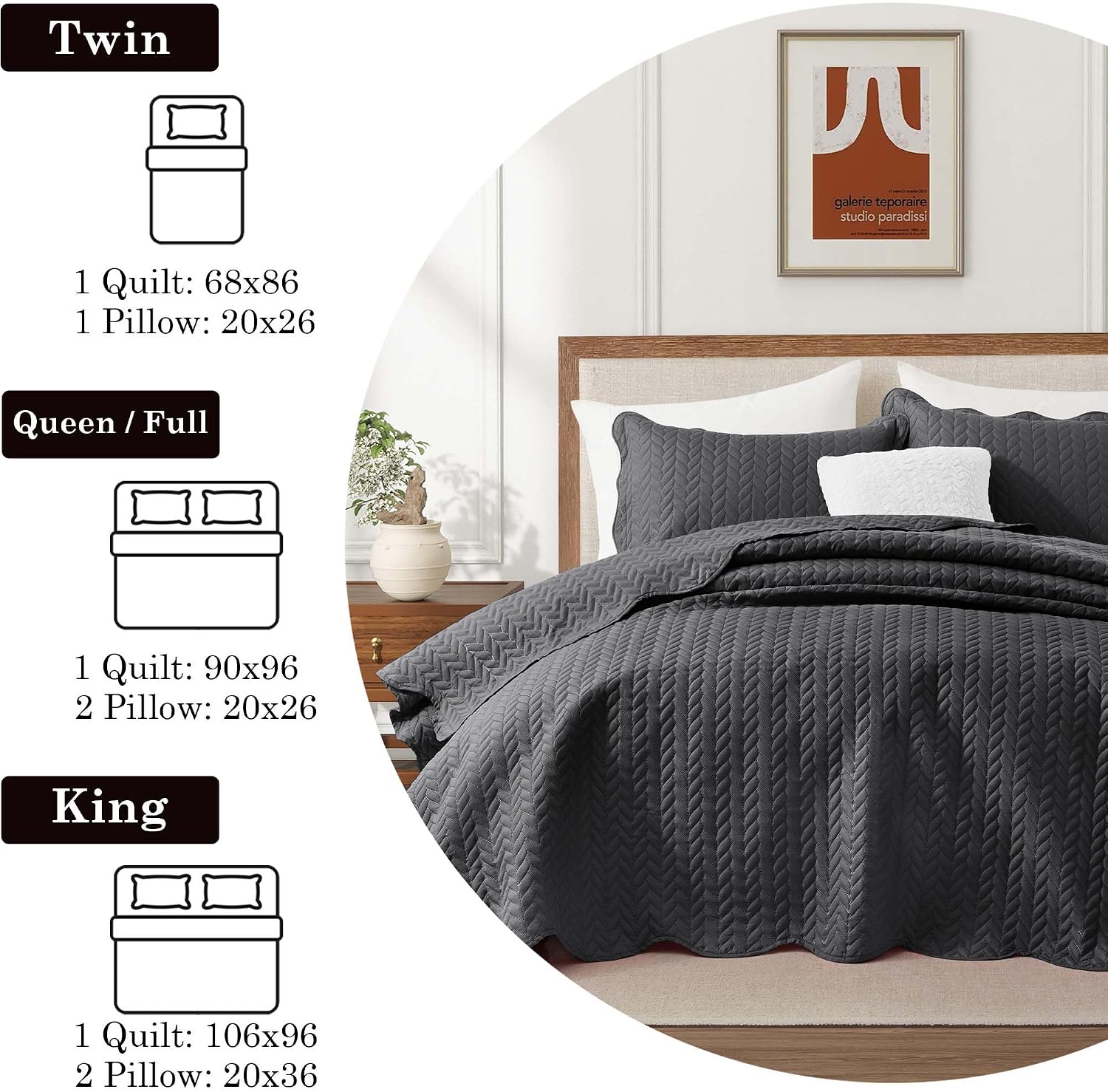 IR Imperial Rooms Queen Quilt Bedding Set (90' x 96') - Bulk Pack of 10 Wholesale for Hotels, Guest Bedroom & Airbnbs - Lightweight Microfiber Reversible Embossed Quilts Bedspreads (Charcoal)