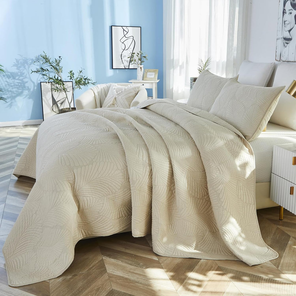 Brandream Beige Palm Stitch Quilt Set 100% Cotton King Size Luxury Embroidered Palm Leaf Bedding, Premium Hand-Stitched Tropical Quilt Set 3-Piece