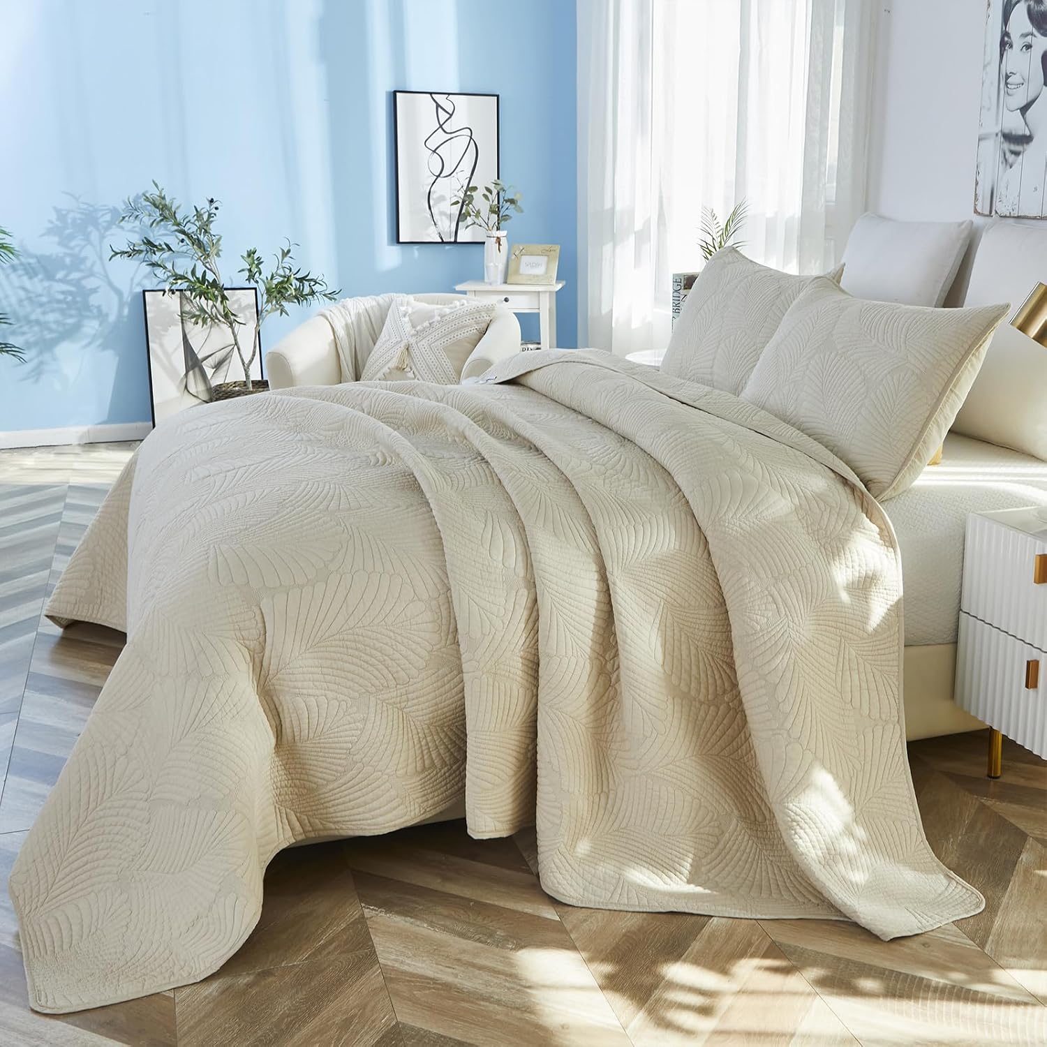 Brandream Beige Palm Stitch Quilt Set 100% Cotton King Size Luxury Embroidered Palm Leaf Bedding, Premium Hand-Stitched Tropical Quilt Set 3-Piece