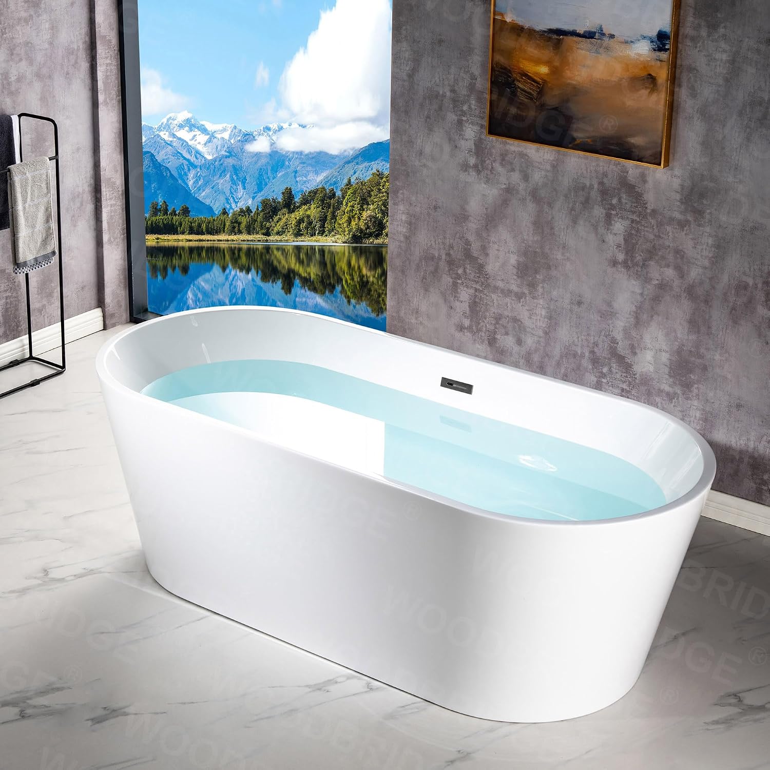 WOODBRIDGE 71' Acrylic Freestanding Bathtub Contemporary Soaking White Tub with Matte Black Overflow and Drain,White,B1701 MB