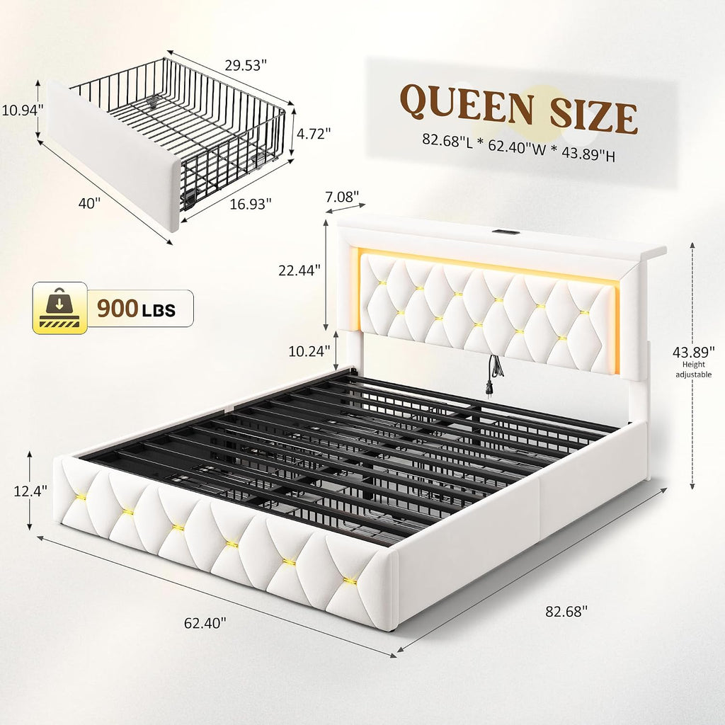 Homkdom Queen Bed Frame with 4 Storage Drawers & Adjustable Tall Headboard,Soft Velvet Bed Frame Queen Size with Smart LED Lights & Charging Station,1100LB-Heavy Duty Metal Support, Modern,Beige