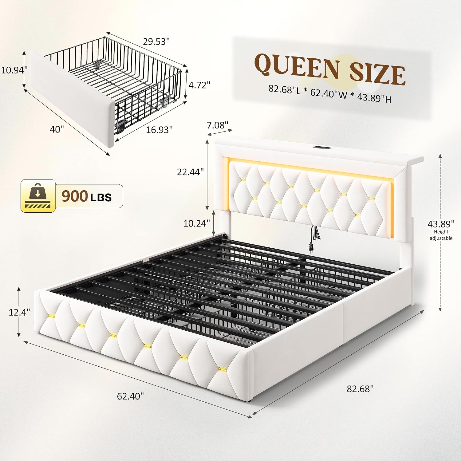 Homkdom Queen Bed Frame with 4 Storage Drawers & Adjustable Tall Headboard,Soft Velvet Bed Frame Queen Size with Smart LED Lights & Charging Station,1100LB-Heavy Duty Metal Support, Modern,Beige