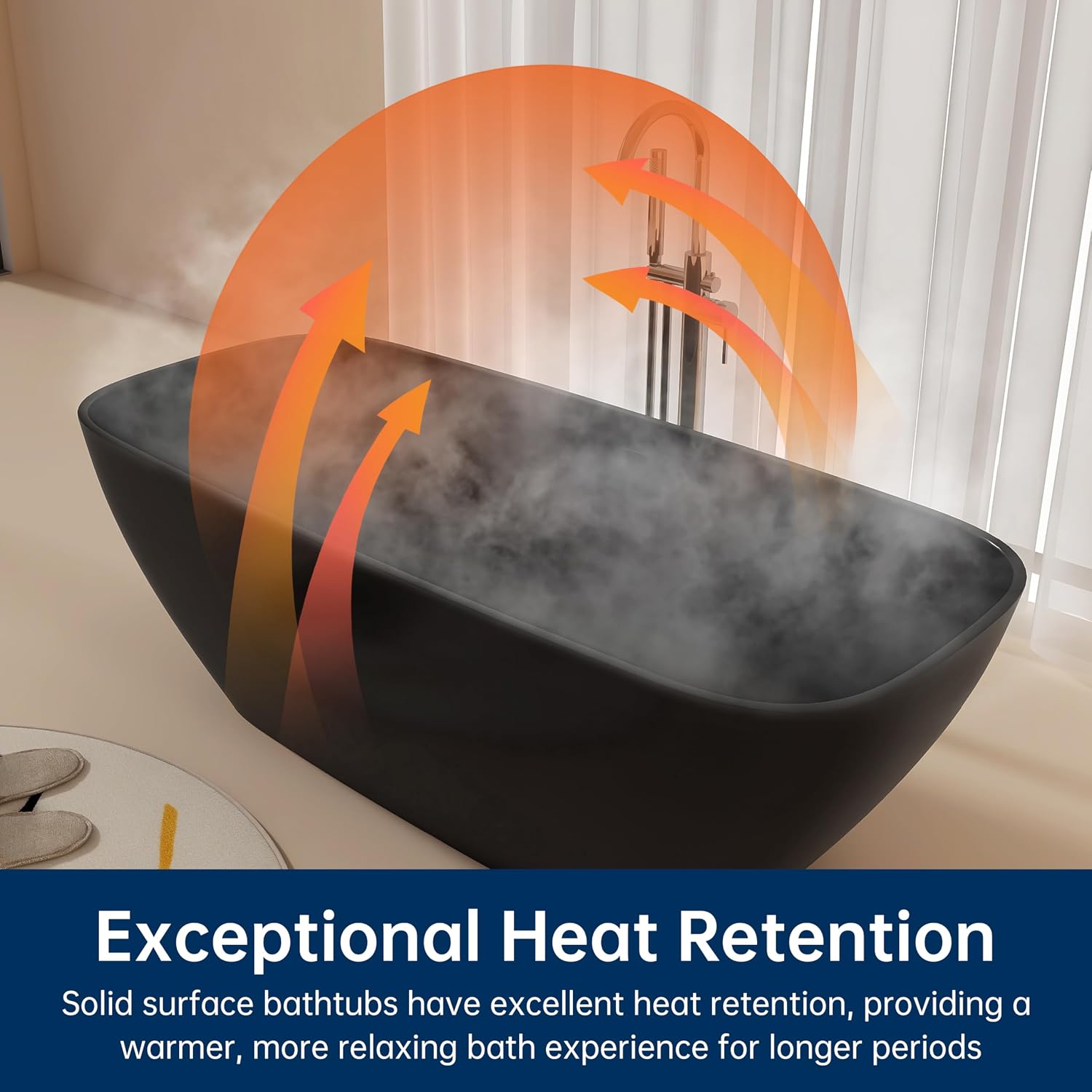 67'' Black Bathtub,Stone Resin Solid Surface Freestanding Bathtub, Modern Elegant Design Soaking Stand Alone Tub, Matte Black, Drain and Overflow Included