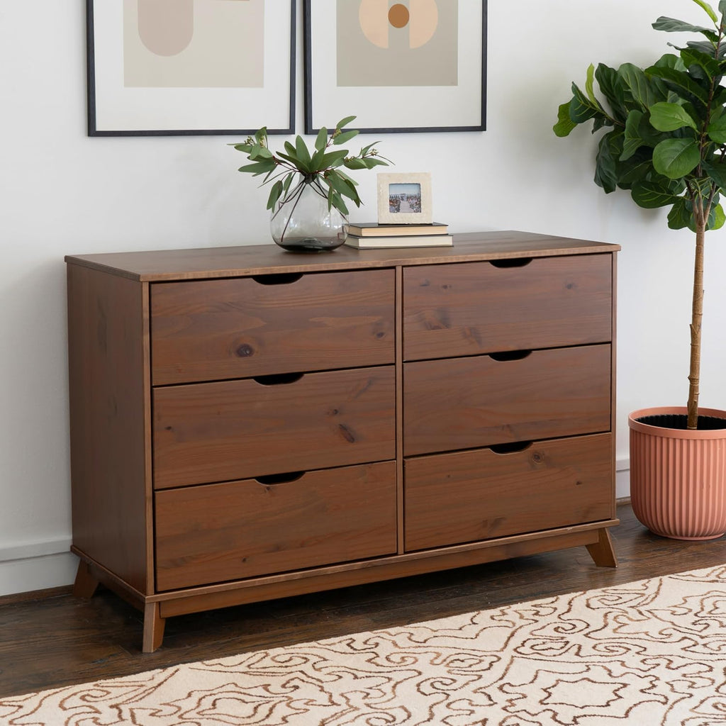 Powell Fordham Walnut Solid Pine Wood Twin Sized Platform Bed with Six Drawer Dresser and Set of 2 Two Drawer Nightstands