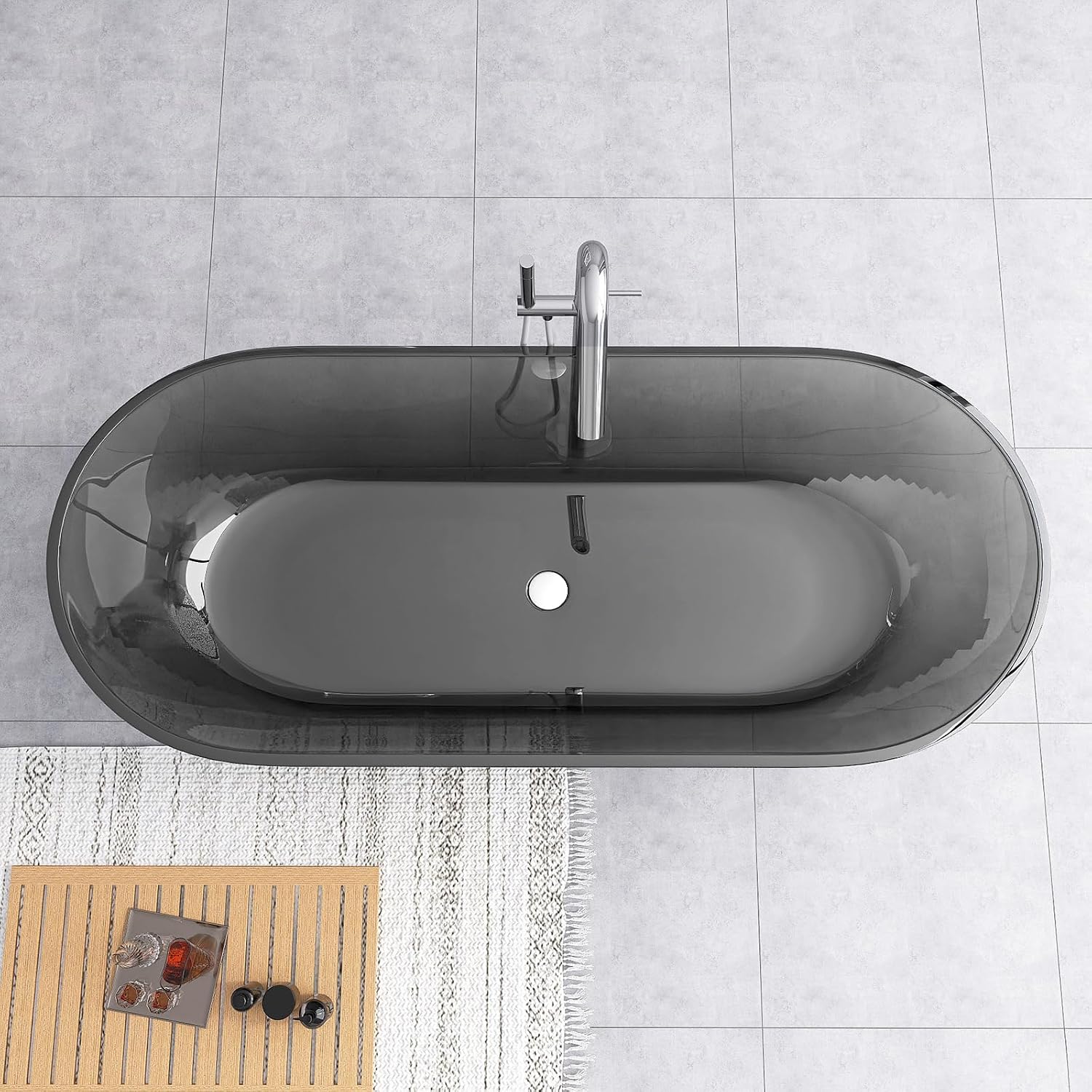69'' Grey Freestanding Tubs Bathtub Solid Surface Resin Stone Bathtubs soaker Tubs Oval Shaped Matte Luxury Modern Soaking Tub with Overflow and Pop-up Drain