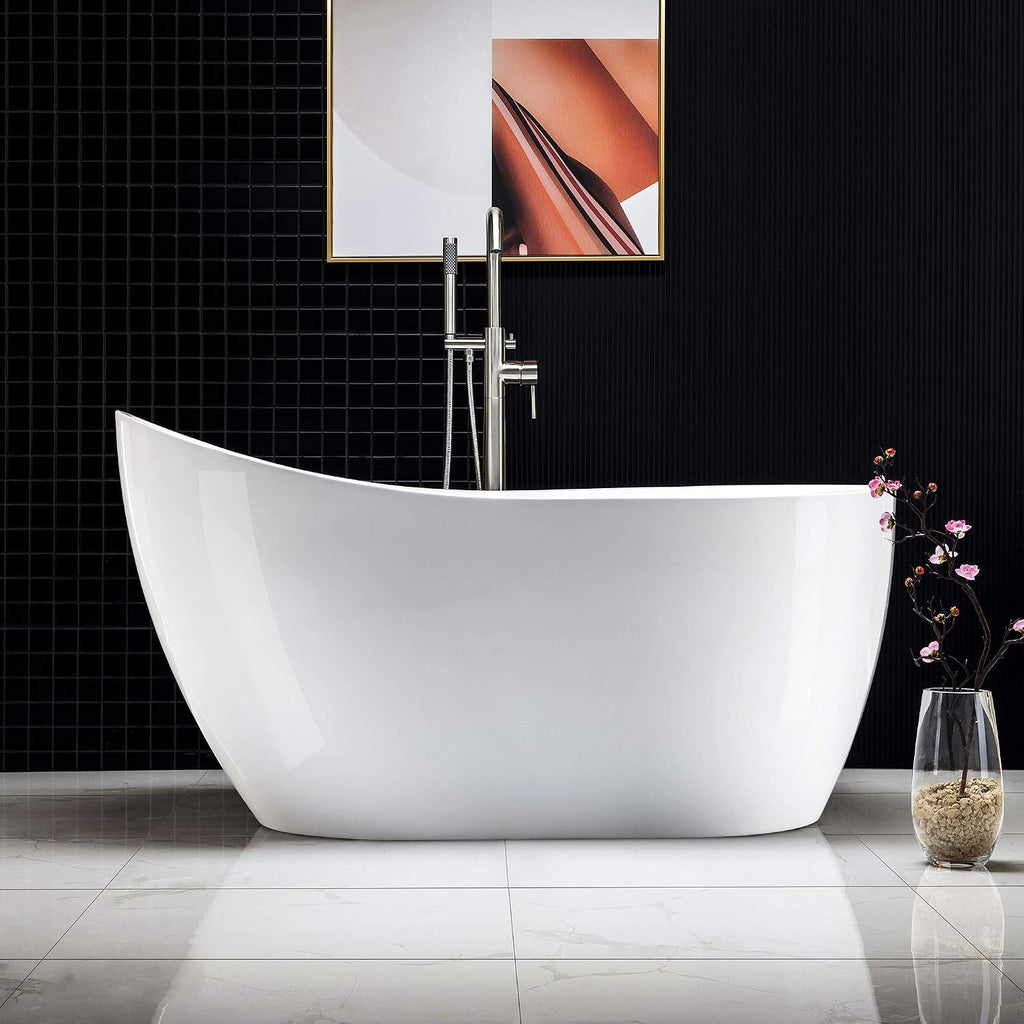 WOODBRIDGE Acrylic Freestanding Contemporary Soaking Tub with Brushed Nickel Overflow and Drain, B-0006 / BTA1507, 54' Bathtub White