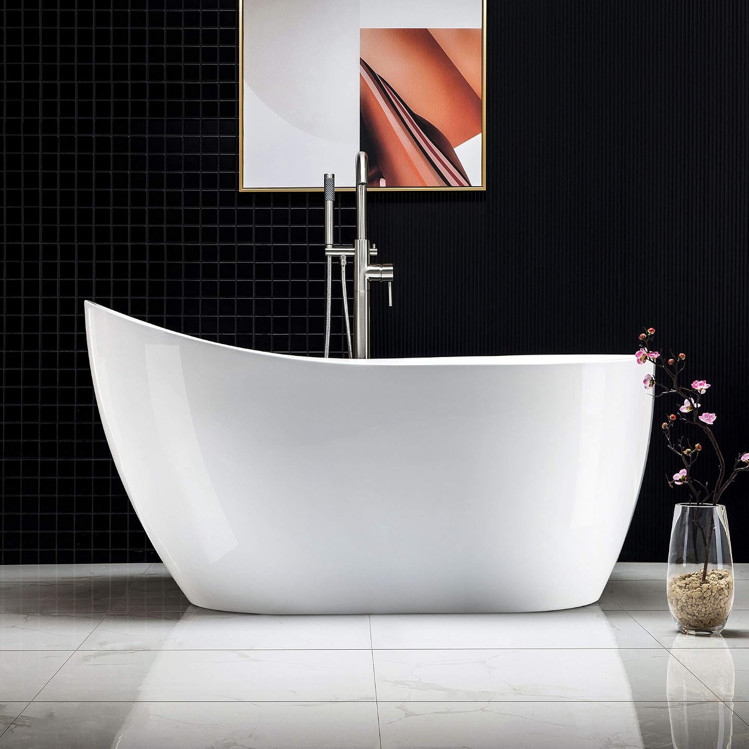 WOODBRIDGE Acrylic Freestanding Contemporary Soaking Tub with Brushed Nickel Overflow and Drain, B-0006 / BTA1507, 54' Bathtub White