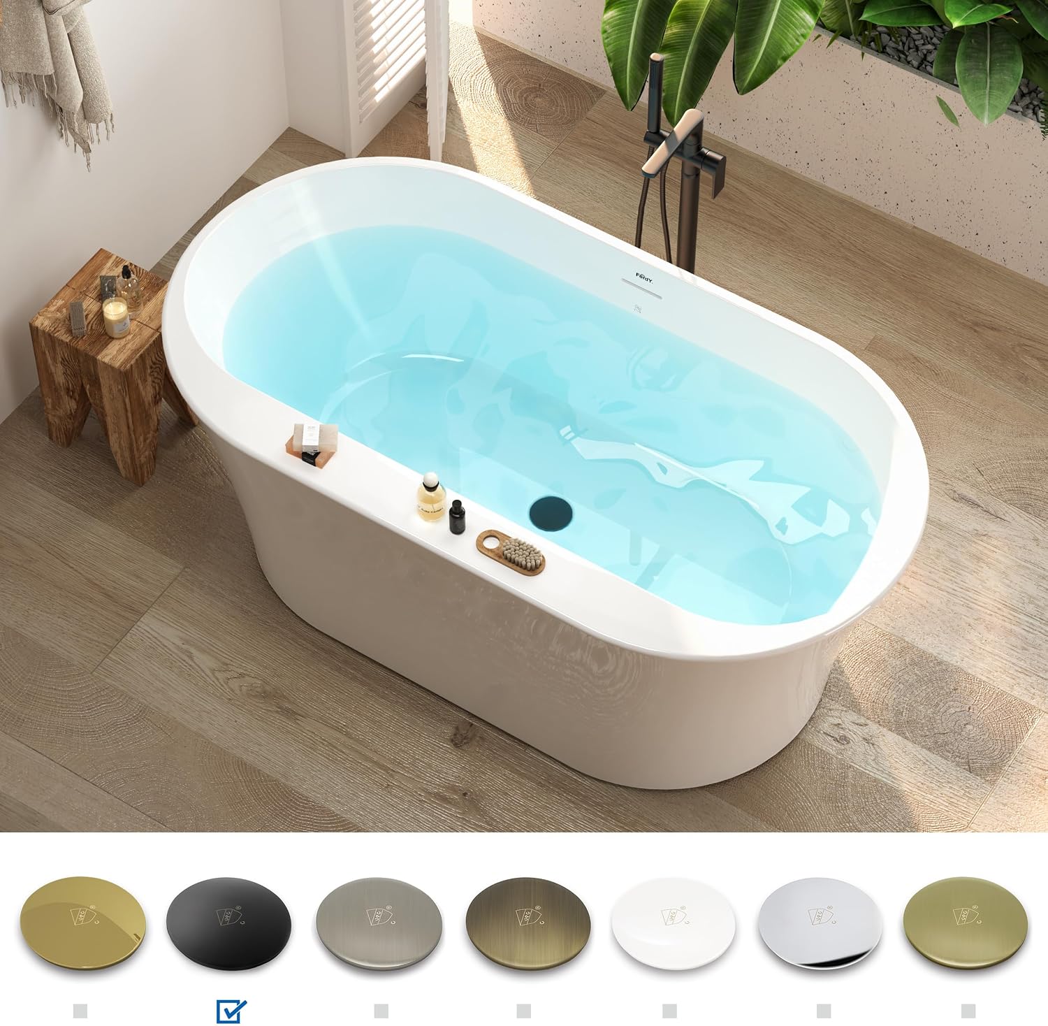 FerdY Mauritius 59' Acrylic Freestanding Tub, Oval Contemporary Soaker Tub, Extra Deep Bathtub, Matte Black Drain and Minimalist Linear Design Overflow, Modern White Bathtub, cUPC Certified