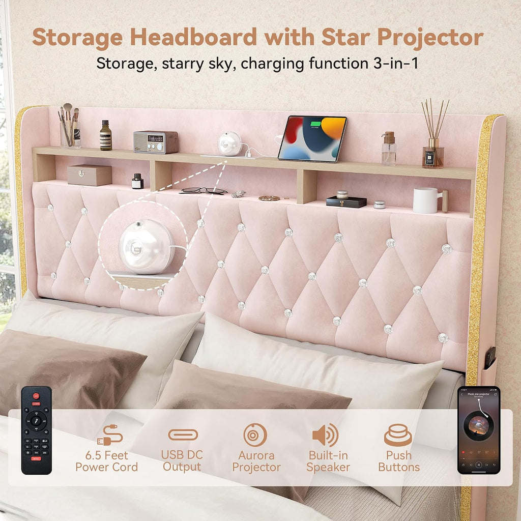 Torana Full LED Bed Frame with 2 Drawers, 53' Tall Platform Beds with Galaxy Star Projector Charging Station, Velvet Upholstered Diamond Tufted Aurora Bedframe with Storage Headboard, Pink