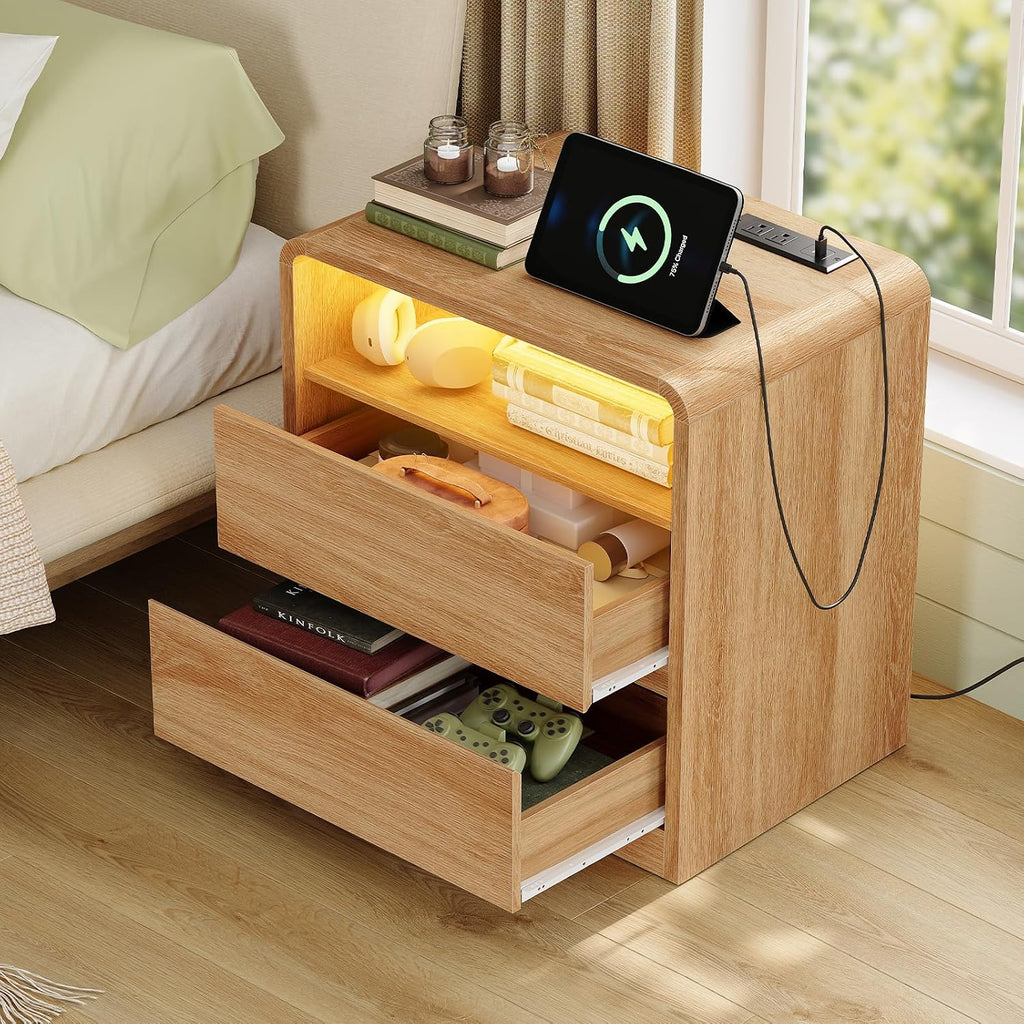 TEENFON Nightstands Set of 2 with Charging Station & LED Lights, Curved Corner Bedside Table 21.7' W, 2 Drawers & Open Shelf, USB-C & USB Ports, Natural, Storage End Table for Bedroom/Living Room