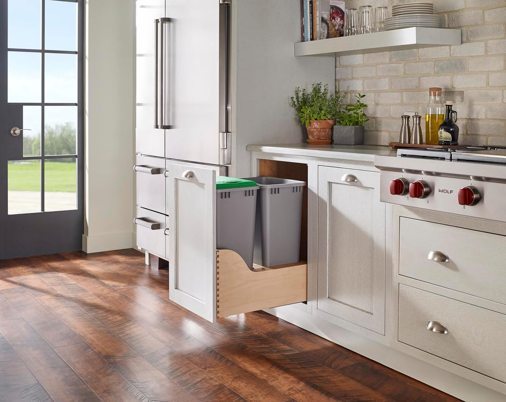 Rev-A-Shelf 50 Qt Bottom Mount Double Pullout Under Cabinet Kitchen Trash Cans w/Soft-Close & 1 Lid for Base Cabinets, Min Opening Width of 18', Silver, 4WCSC-2150DM-2