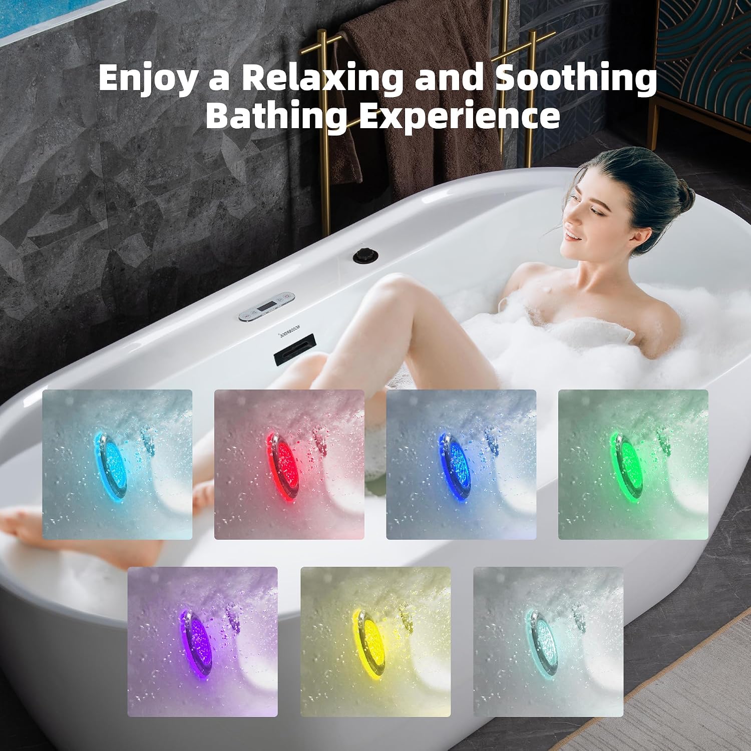 WOODBRIDGE 72' x 35-3/8' Whirlpool and Air Bath Heated Soaking Combination Tub with Adjustable Speed Air Blower and Display Control Panel, Matte Black Finish Trim and Drain Kit,BM-500