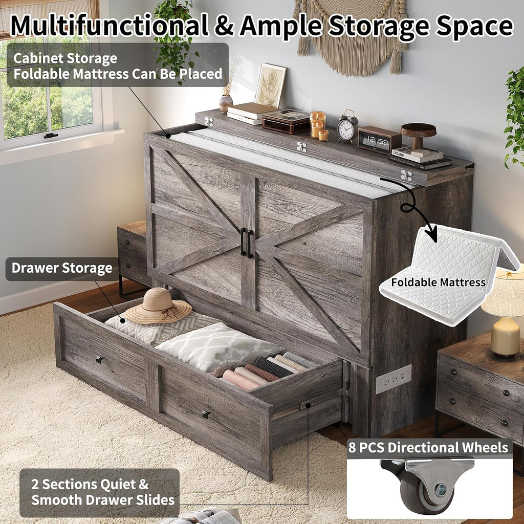LUXOAK Murphy Bed Queen Size Cabinet Bed with Charging Station, Large Storage Drawer for Home Office or Small Room, Hideaway Bed Foldable Platform Bed, Rustic Grey