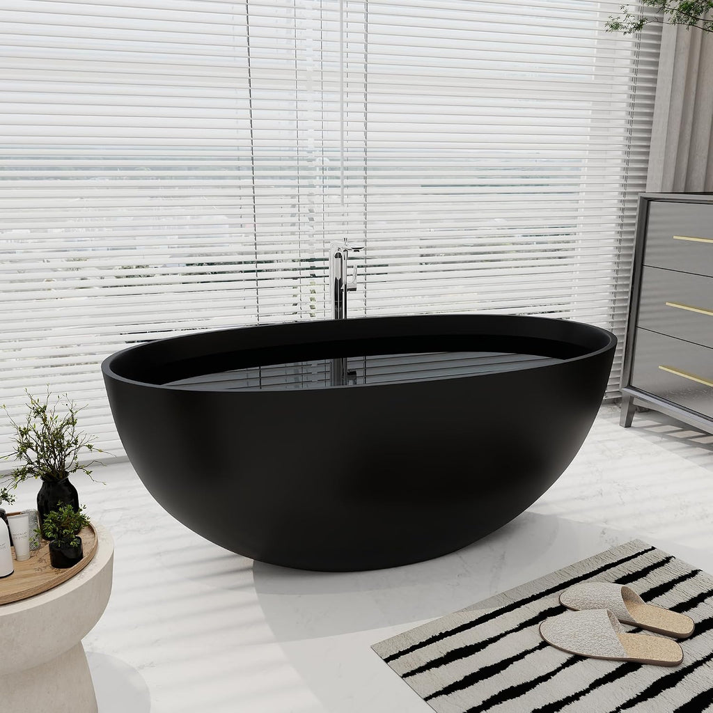 SJ STAR&JANE 55' Solid Surface Freestanding Bathtub, Stone Resin Oval Soaking Tub Matte Black Stand Alone Tub with Overflow and Pop-up Drain for Bathroom