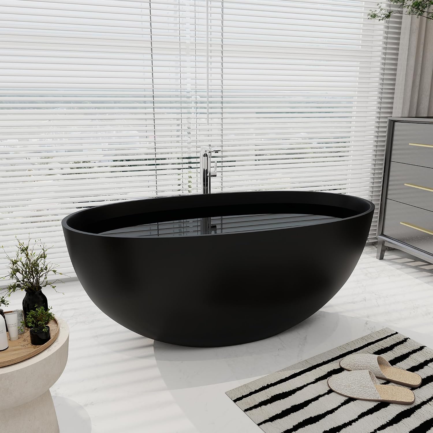 SJ STAR&JANE 55' Solid Surface Freestanding Bathtub, Stone Resin Oval Soaking Tub Matte Black Stand Alone Tub with Overflow and Pop-up Drain for Bathroom