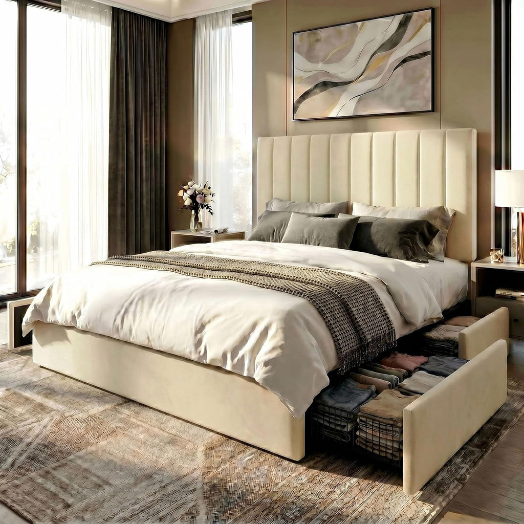 SHA CERLIN Queen Platform Bed Frame with 4 Storage Drawers, Vertical Channel Tufted Adjustable Headboard, Velvet Upholstered, Wooden Slats Support, No Box Spring Needed, Easy Assembly, Cream
