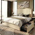 SHA CERLIN Queen Platform Bed Frame with 4 Storage Drawers, Vertical Channel Tufted Adjustable Headboard, Velvet Upholstered, Wooden Slats Support, No Box Spring Needed, Easy Assembly, Cream