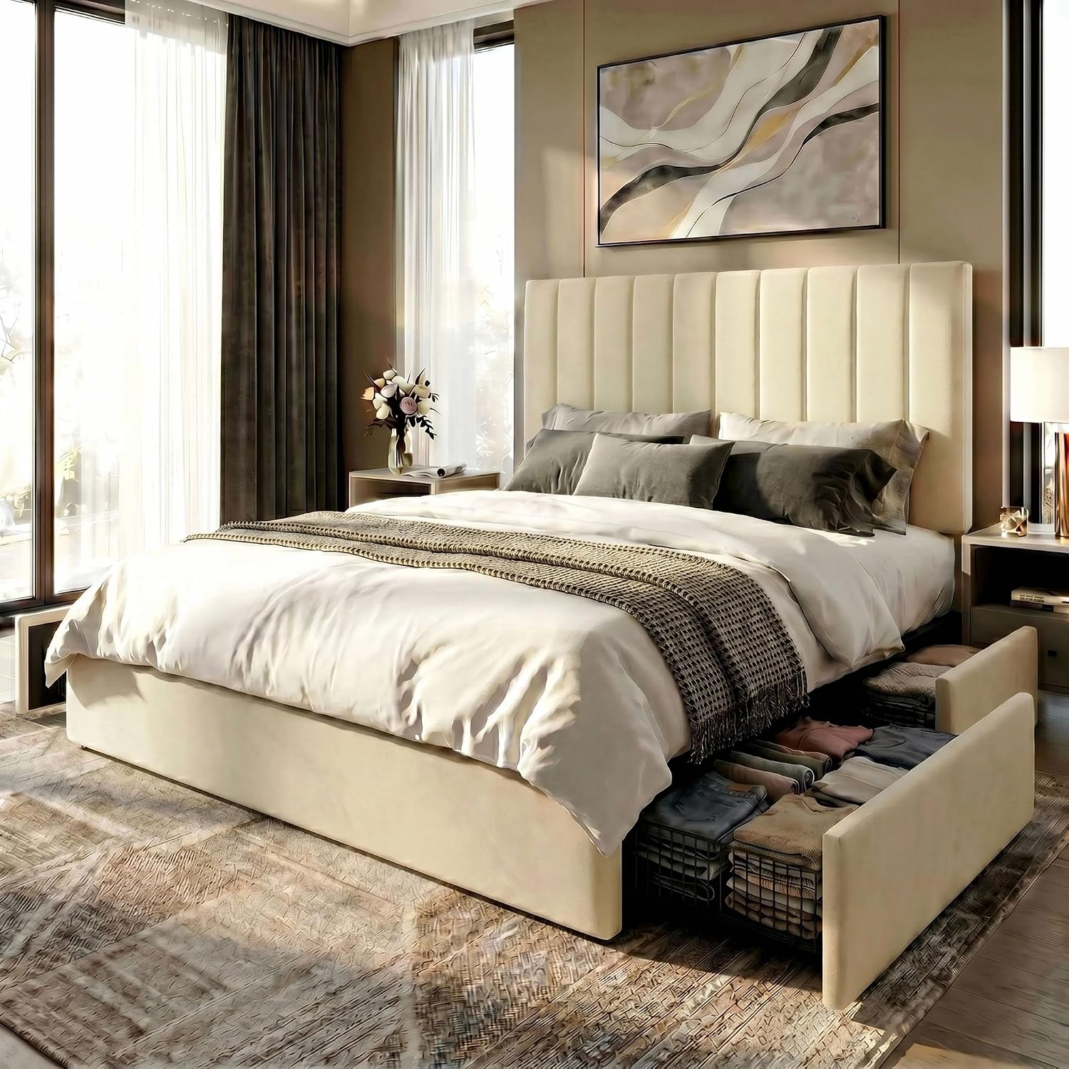 SHA CERLIN Queen Platform Bed Frame with 4 Storage Drawers, Vertical Channel Tufted Adjustable Headboard, Velvet Upholstered, Wooden Slats Support, No Box Spring Needed, Easy Assembly, Cream