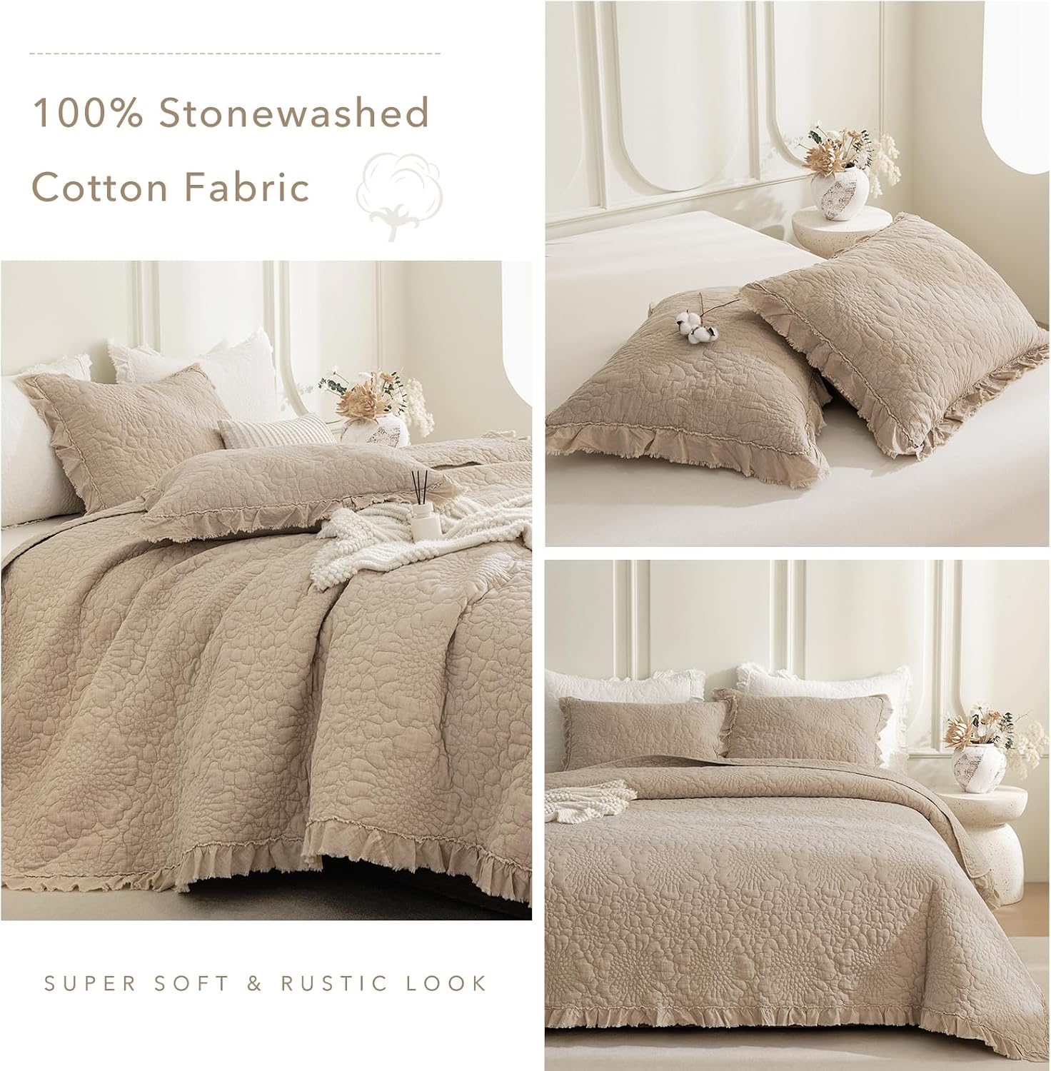 QSH 3PCs Dark Wheat Oversized King Quilt Bedspread Set(120'x120'),Stonewashed Cotton Ruffled Quilt California King,Ultra Soft Lightweight Crinkled Shabby Bedspread Coverlet Bedding Set for All Seasons