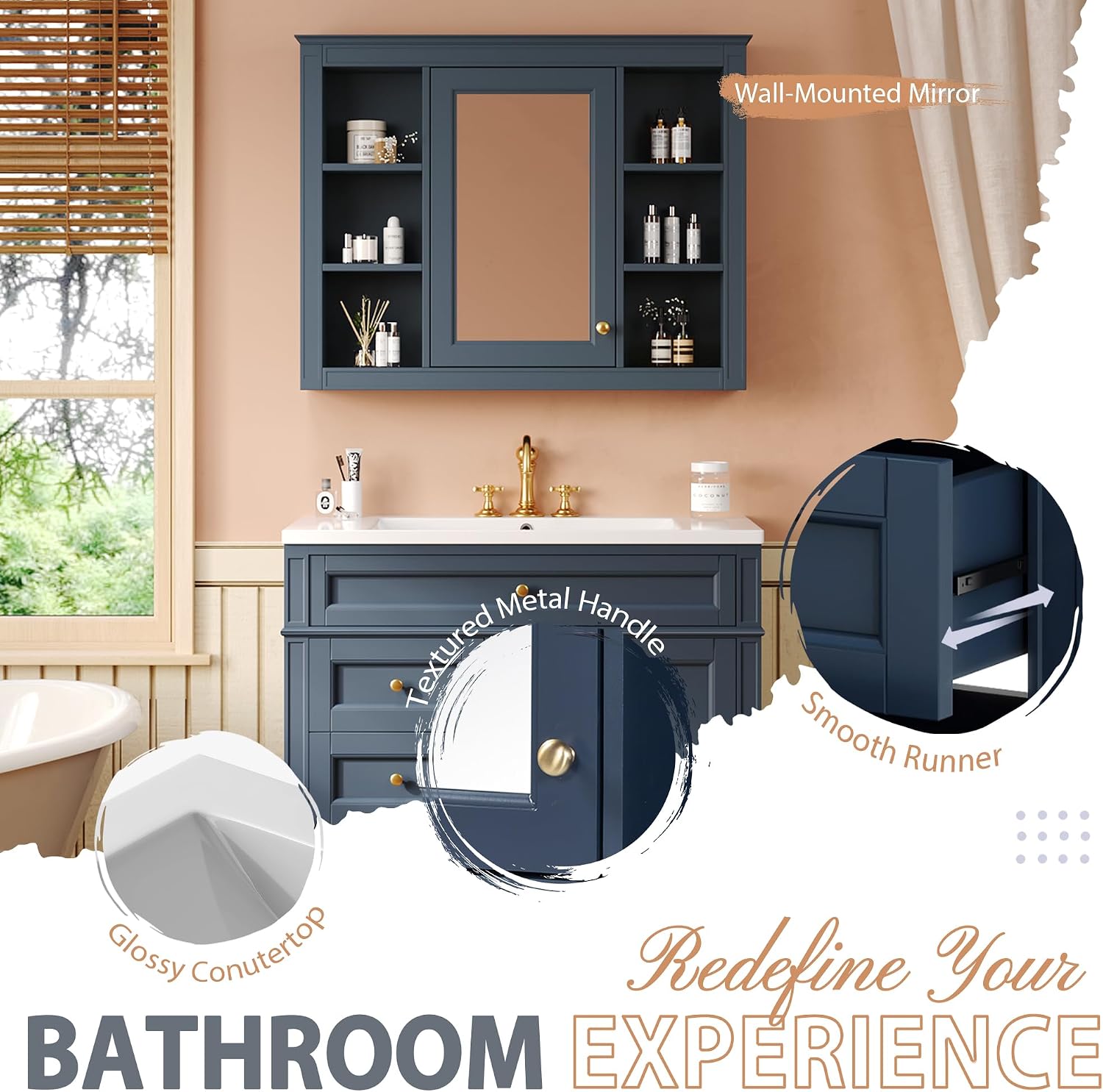 Merax 36'' Bathroom Vanity with Medicine Cabinet, Royal Blue Mirror Cabinet, Modern Bathroom Storage Cabinet with 2 Soft Closing Doors and 4 Drawers, Blue