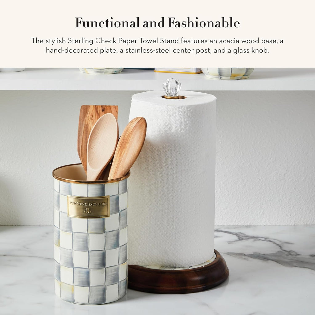 MACKENZIE-CHILDS Wood Paper Towel Holder, Decorative Paper Towel Holder for Kitchen, Grey-and-White Sterling Check