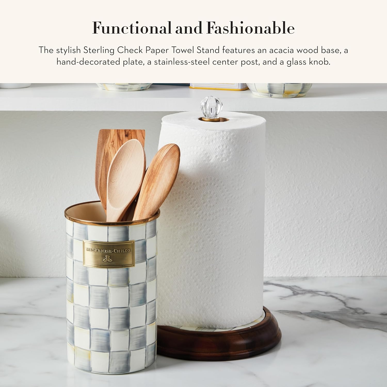 MACKENZIE-CHILDS Wood Paper Towel Holder, Decorative Paper Towel Holder for Kitchen, Grey-and-White Sterling Check