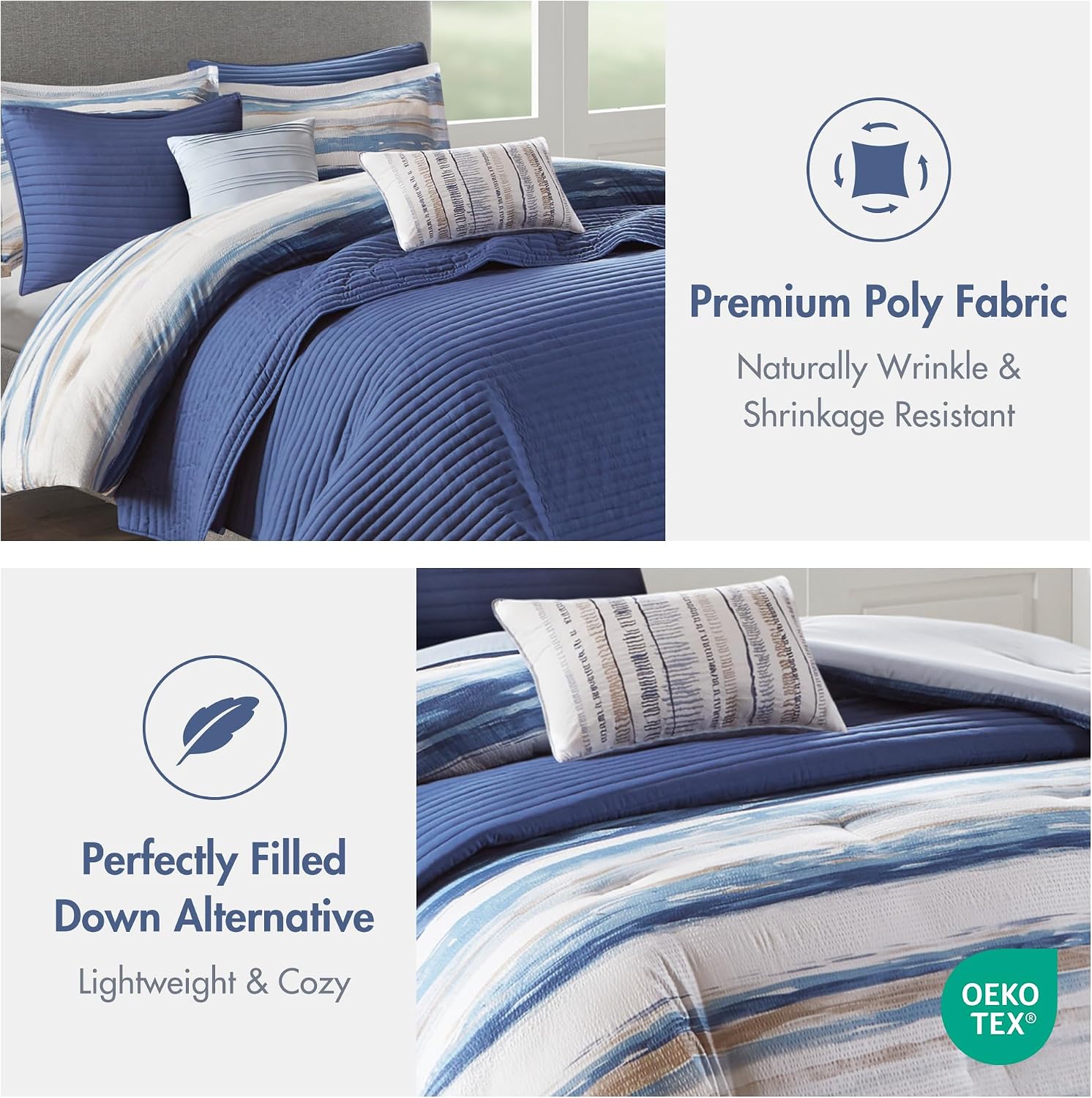 Madison Park Marina Comforter Quilt Combo Set - Modern Luxury Design, All Season Down Alternative Bedding, Matching Shams, Decorative Pillows, King/Cal King(104'x92') Seersucker Blue 8 Piece