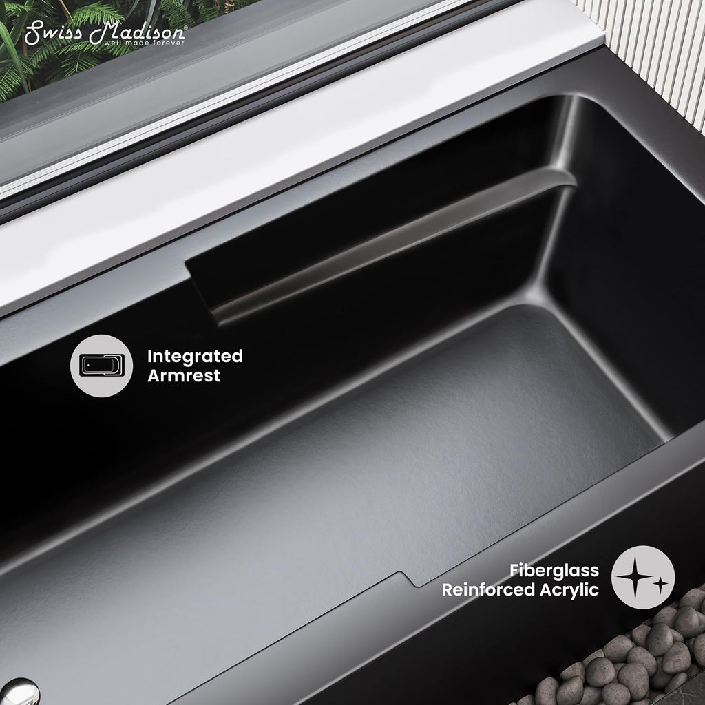Swiss Madison Voltaire 60 x 30 Skirted Left Drain Soaking Apron Bathtub in Matte Black with Integrated Overflow and Armrest, Drain Included