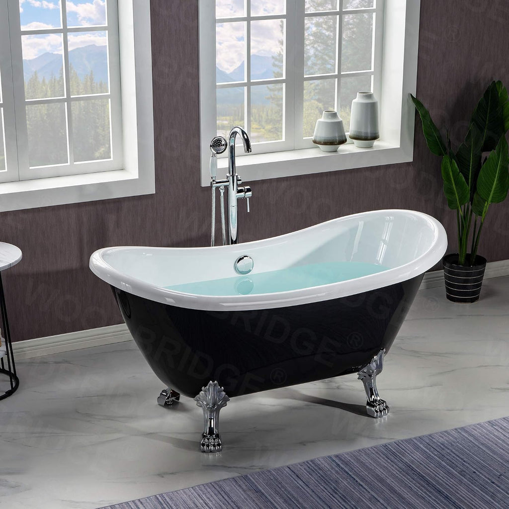 WOODBRIDGE 59' Heavy Duty Acrylic Double Slipper Clawfoot Bath Tub with Chrome Feet + Chrome Drain &Overflow