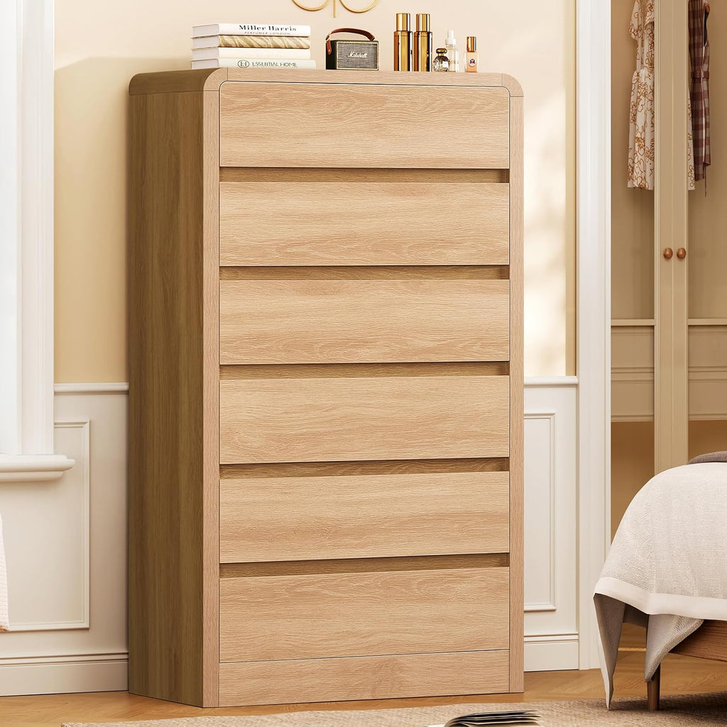 TEENFON Tall Dresser for Bedroom with 6 Drawers, 49.2' Tall Dressers & Chest of Drawers with Curved Profile Design, Wood Closet Storage Dressers Organizer for Bedroom, Living Room, Natural