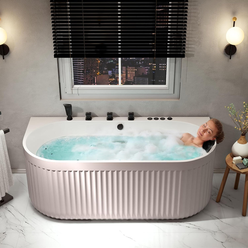 ANZZI Stone Bell 67' x 32' Freestanding Bathtub, Center Drain | Flat Bottom Tub with Air and Whirlpool Massage Jets, Lights, 5-Piece Faucet, 92 Gallon Free Standing Tub - White and Black