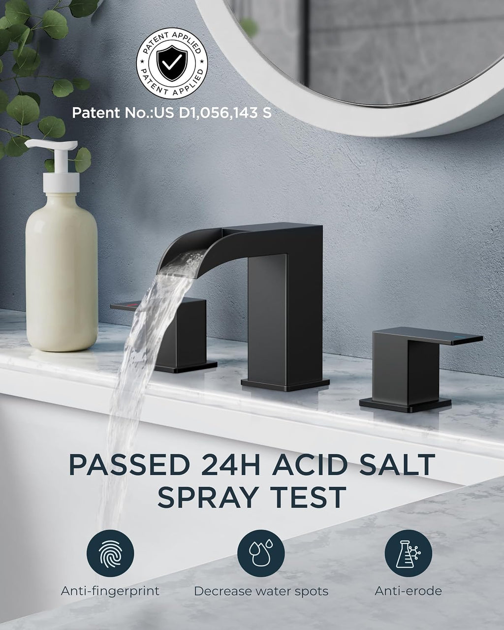 FORIOUS 2 Pack, Waterfall Bathroom Faucets 3 Hole, 8 Inch Widespread Square Matte Black Bathroom Sink Faucet with Metal Pop-up Drain and cUPC Supply Lines, Two Handles for Vanity, Restroom, Commercial