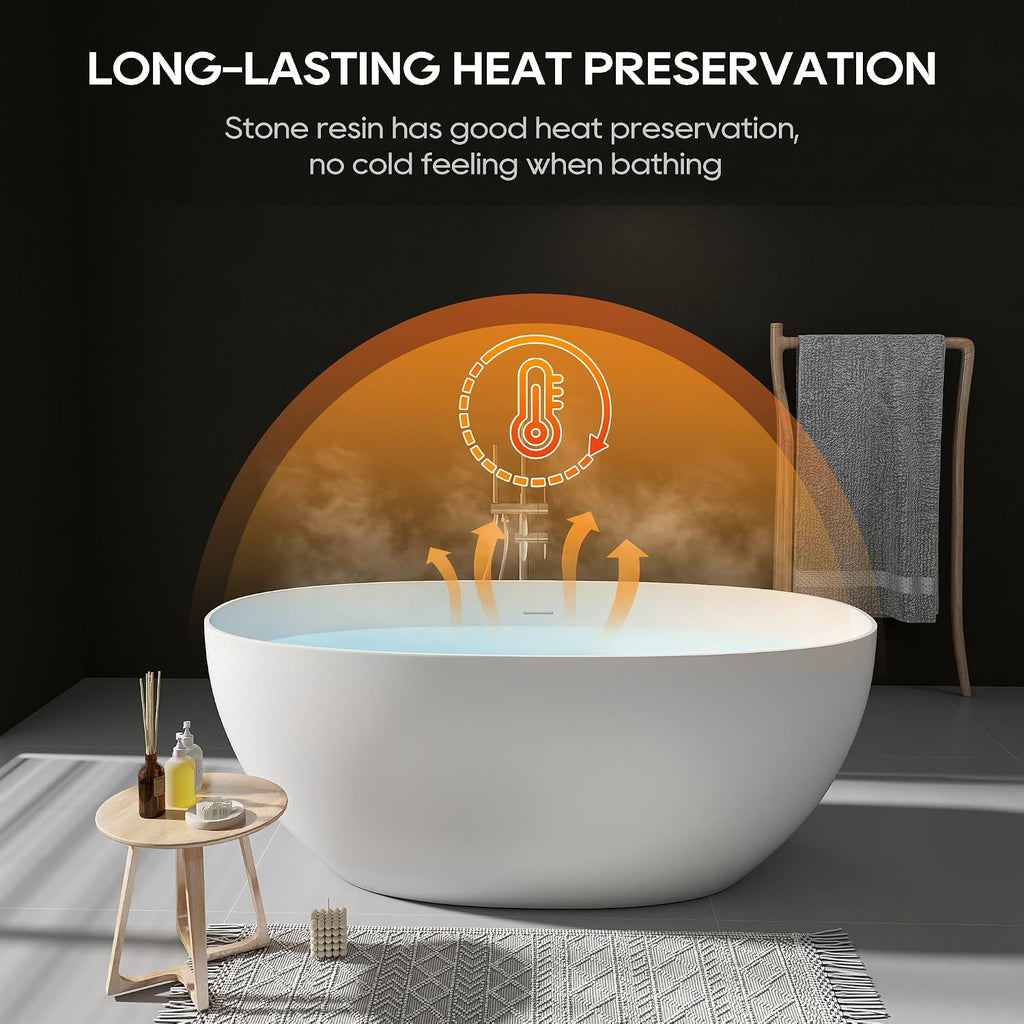 59' Freestanding Solid Surface Bathtub, Oval Stone Resin Soaking Tub Modern Design Stand Alone Tub with Pop-up Drain & Overflow Matte White