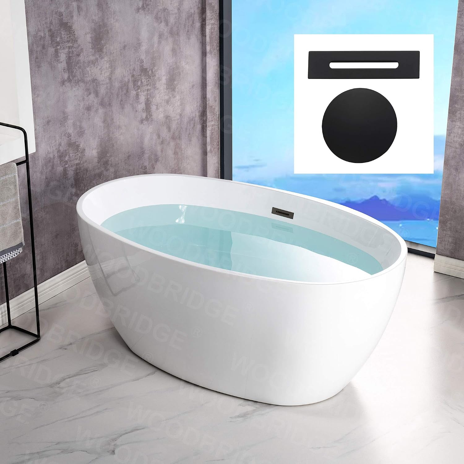 WOODBRIDGE 55' Acrylic Freestanding Bathtub Contemporary Soaking White Tub with Matte Black Overflow and Drain,B1418 -MB-Drain &O