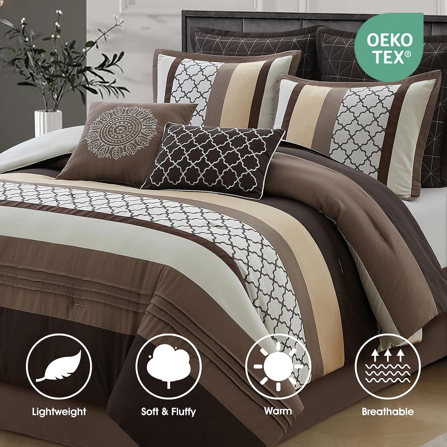 LANCO MODERN LIFESTYLE Queen Comforter Set, Brown Bedding Set, Jacquard Woven with Geometry, 16 Pieces Room in a Bag, Sheets, Bedskirt, Pillow Shams and Cases, Decorative Pillows and Curtains