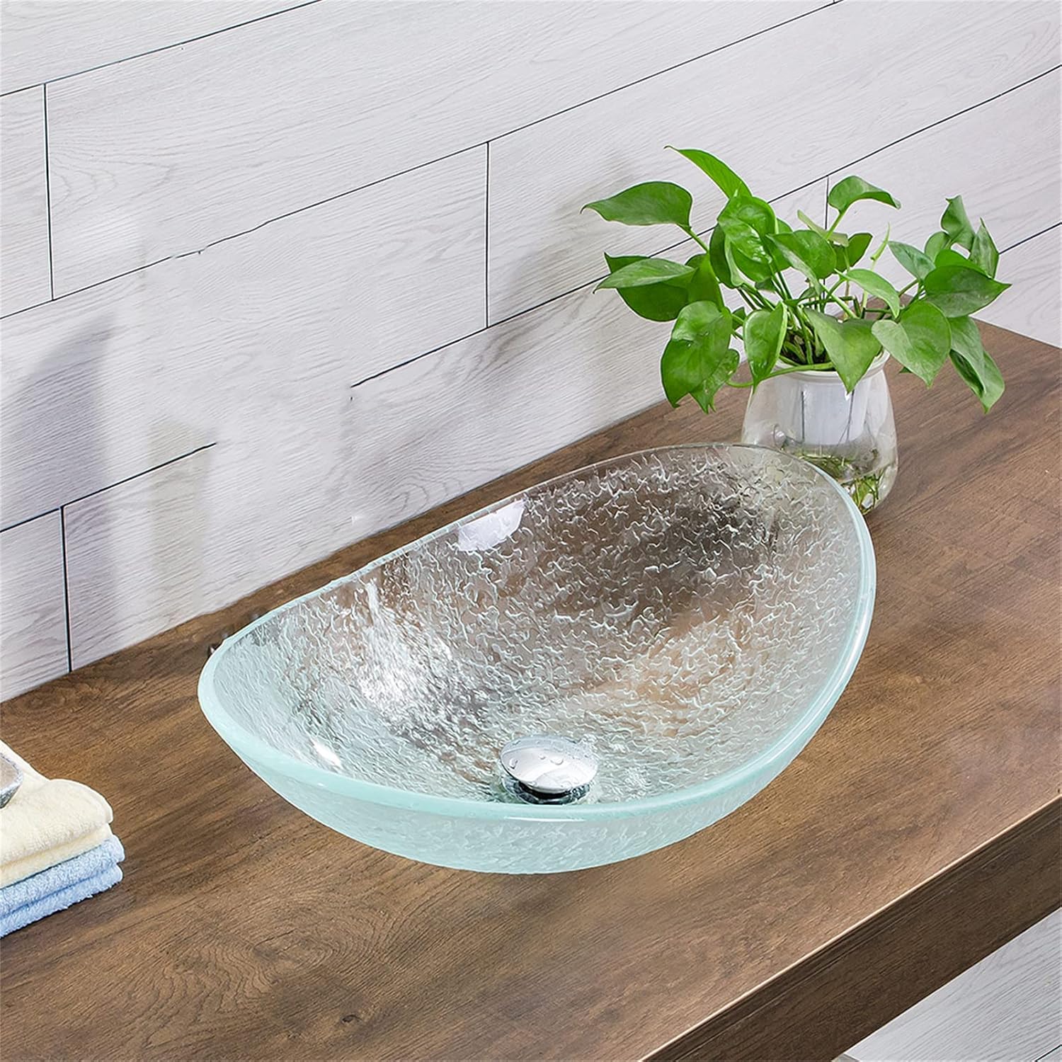 Tempered Glass Vessel Bowl Sink, Top Mount Installation Bathroom Sinks Above Counter, Oval Boat Vanity Countertop Sink Bowl with Chrome Faucet,Single Basin Set (Single Basin)
