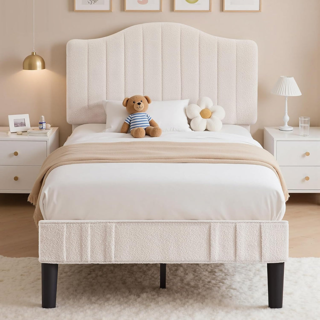 VECELO Twin Bed Frame Upholstered Platform Bed Frame with Height Adjustable Teddy Fabric Headboard, Strong Wood Slats Supports 7.9'' Under Bed Space Noise Free No Box Spring Needed, Beige