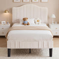 VECELO Twin Bed Frame Upholstered Platform Bed Frame with Height Adjustable Teddy Fabric Headboard, Strong Wood Slats Supports 7.9'' Under Bed Space Noise Free No Box Spring Needed, Beige