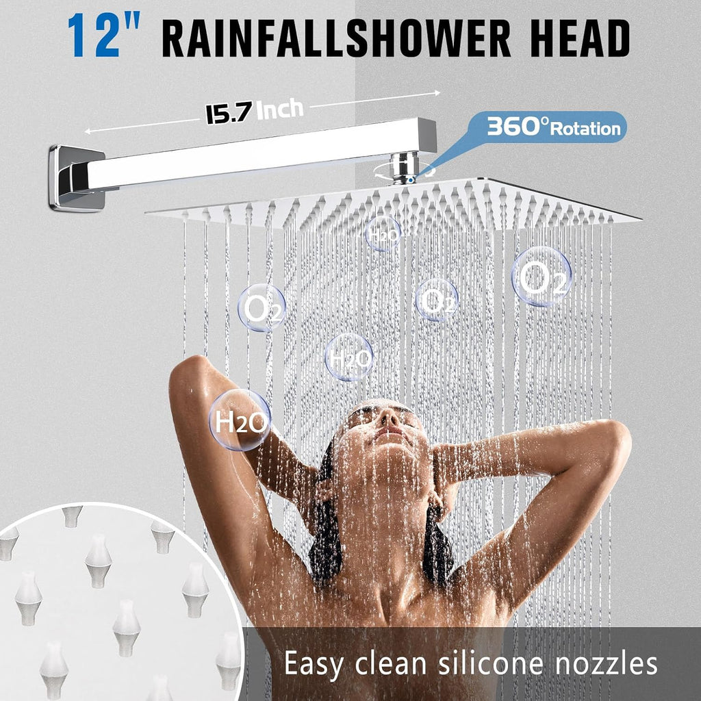 12 Inch Rainfall Shower System - Wall Mounted Complete Combo with Solid Brass Pressure Balancing Valve, High Pressure Shower Head, Handle Set & Installation Accessories Chrome
