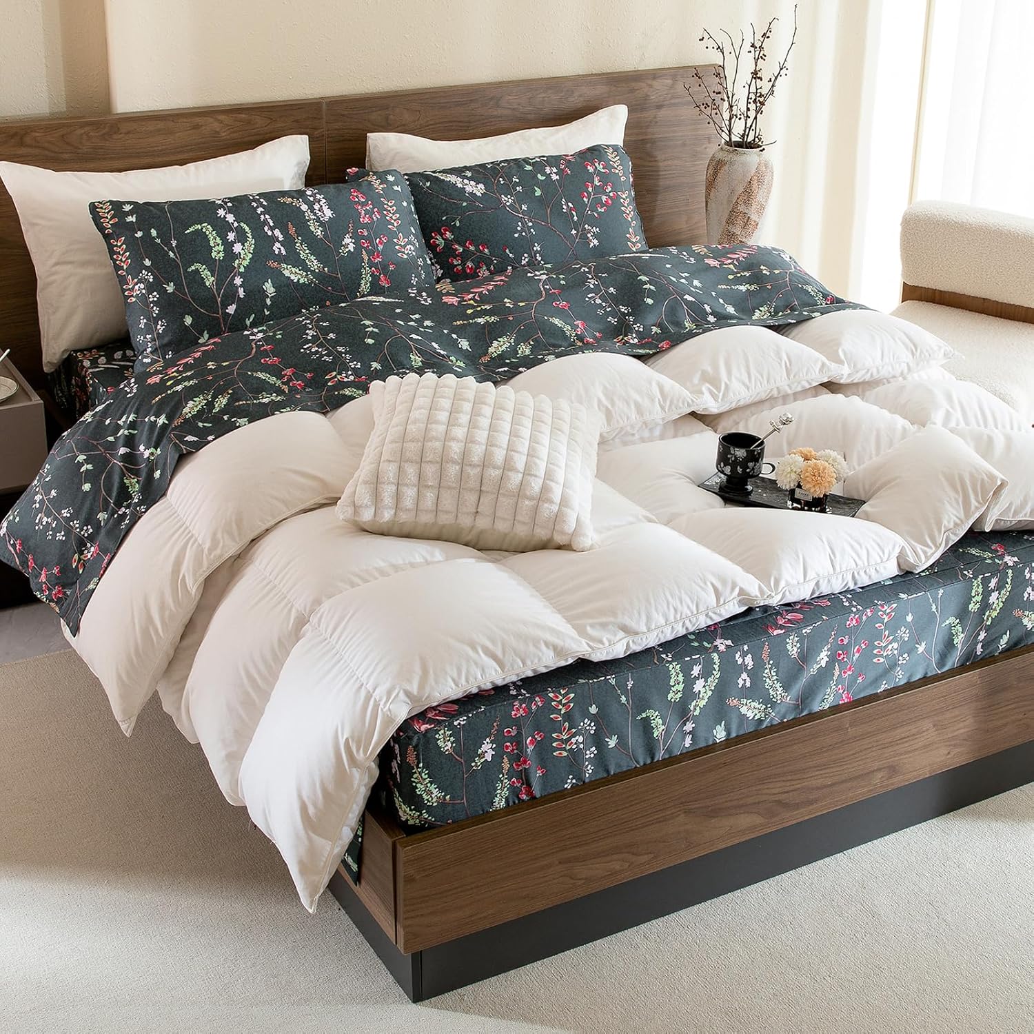 QSH Floral Egyptian Cotton Sheets King Size - Navy Floral Bedding Sheets Botanical Pattern Printed Bedding King Size Bed Sheets 17.5' Extra Deep Pocket 4pcs