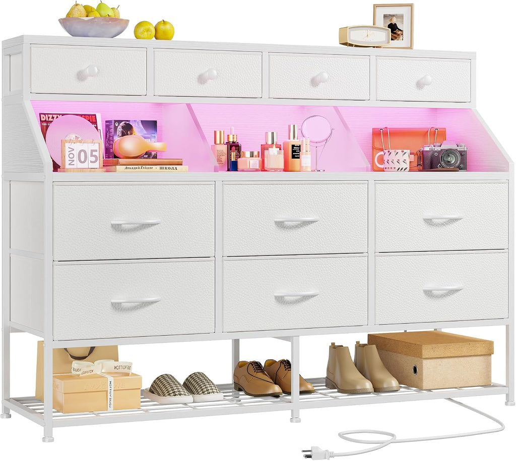 EnHomee Dresser for Bedroom with 10 Drawers & Shoe Rack Fabric Dressers & Chests of Drawers with LED Lights and Power Outlets Bedroom Dresser for Entryway, Hallway(White)