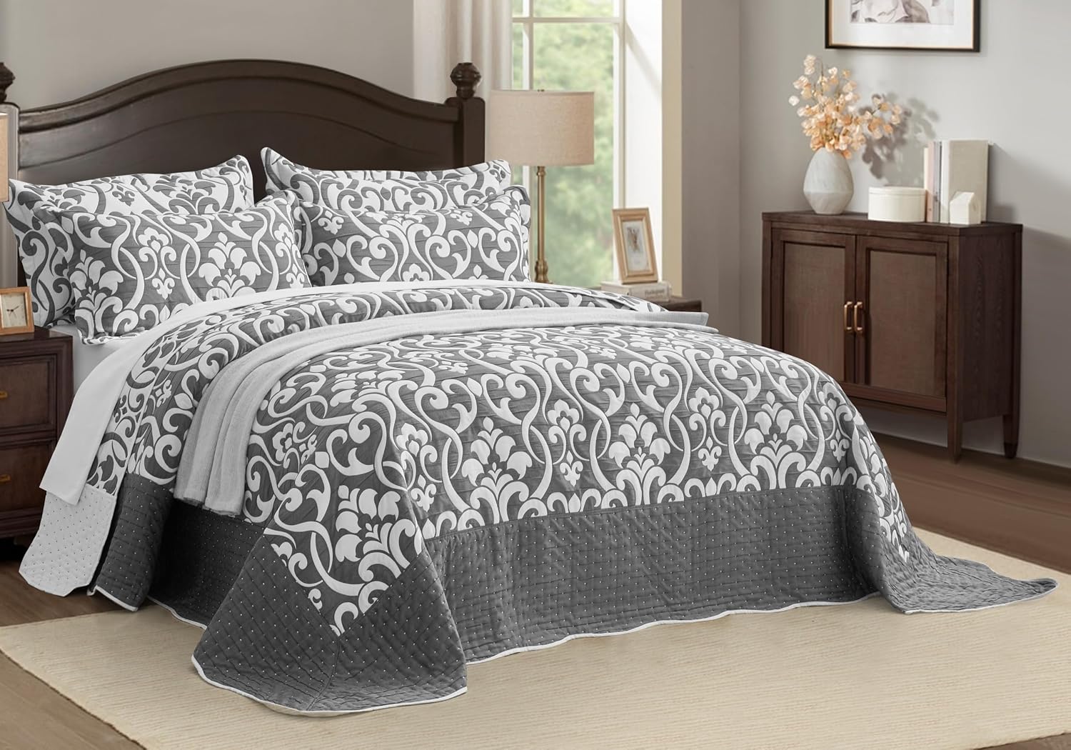 Chezmoi Collection Oversized Bedspread 128x120, Jacquard Matelasse Floral Damask Design, 5-Piece Lightweight Reversible Microfiber Coverlet Set Textured Dot Border, Super King, Dark Gray/White