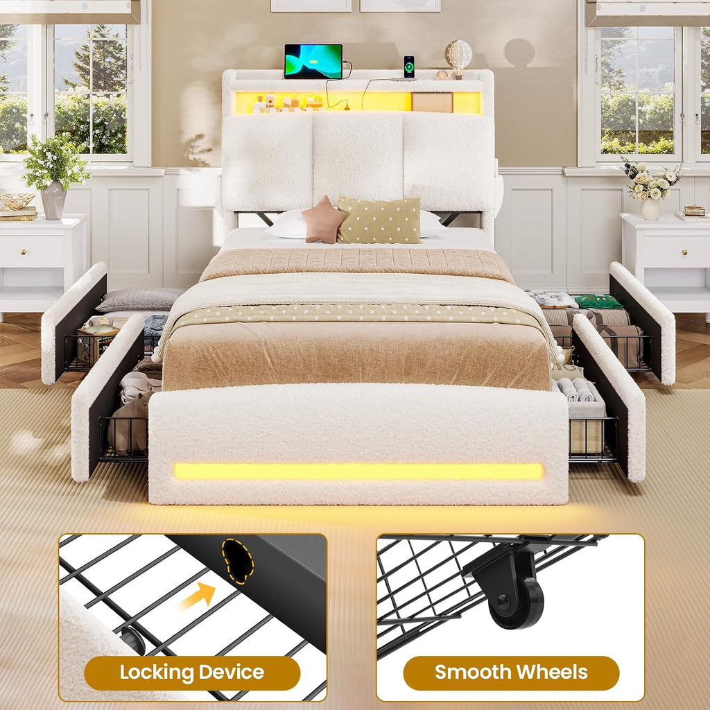 VIAGDO Twin Bed Frames with Storage Headboard and Charging Station, Boucle Upholstered Bed Frame Twin Size with 4 Drawers and LED Lights, Type C and USB, No Box Spring Needed, Cream White
