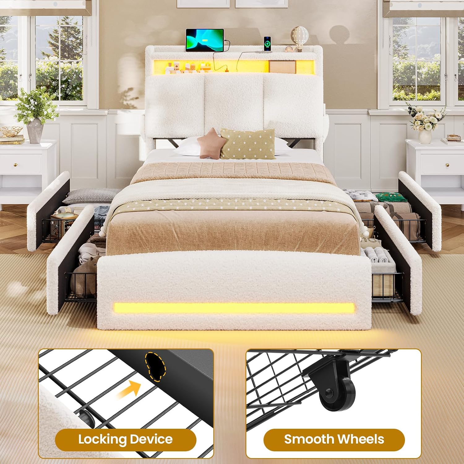 VIAGDO Twin Bed Frames with Storage Headboard and Charging Station, Boucle Upholstered Bed Frame Twin Size with 4 Drawers and LED Lights, Type C and USB, No Box Spring Needed, Cream White